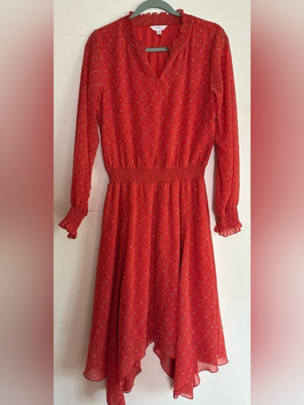 Red Print Long-Sleeve Smocked Waist Midi Dress, Shirred Cuffs